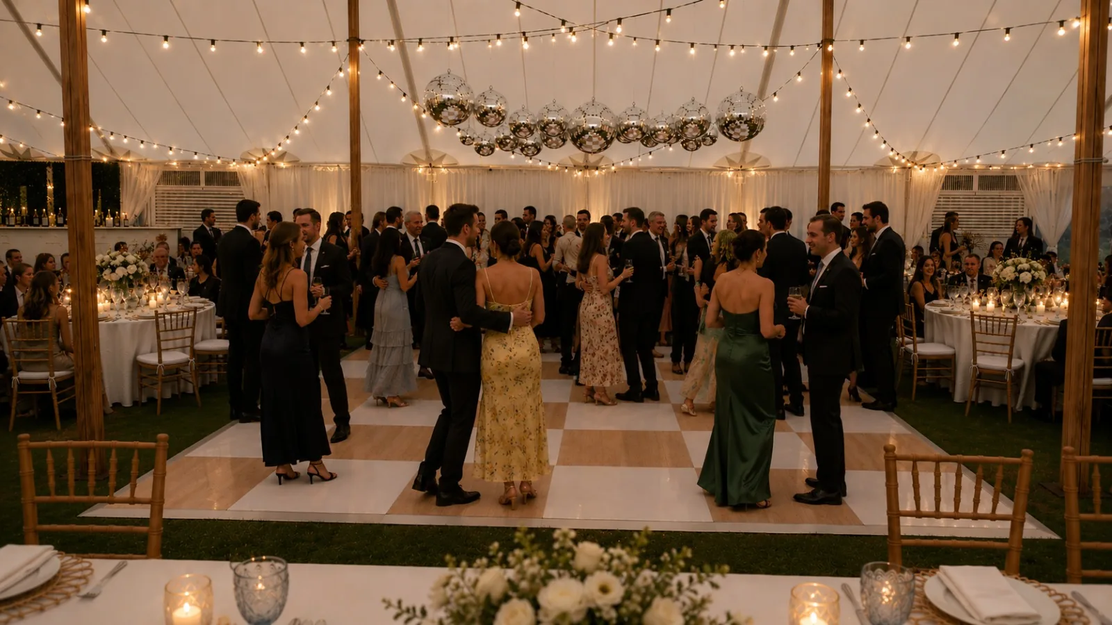 Checkered dance floor with monogram lighting at a Central Florida reception