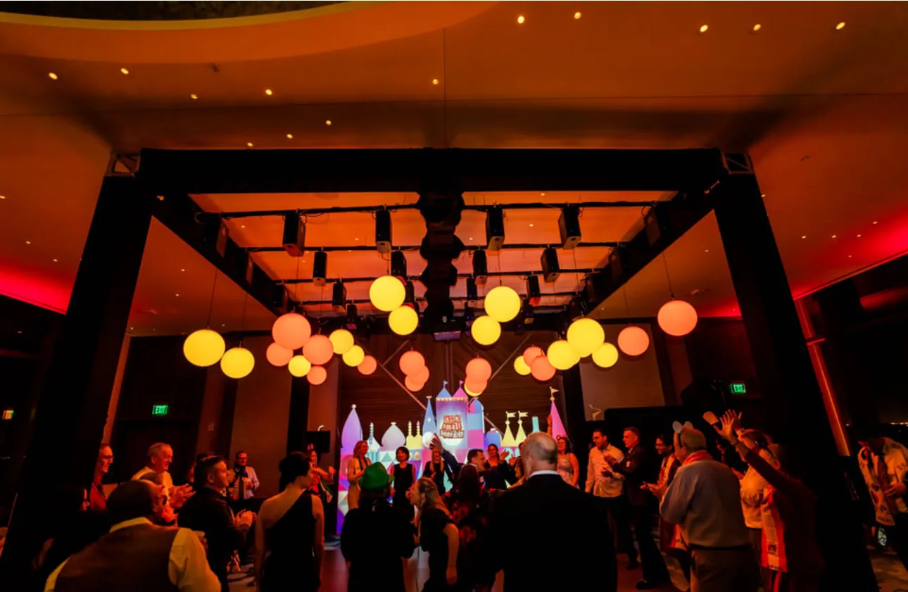 Kinetic sphere lighting rig above guests at an Orlando corporate event