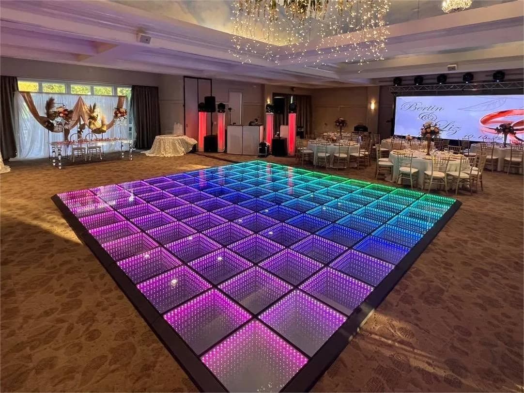 LED dance floor installed in an Orlando ballroom with uplighting
