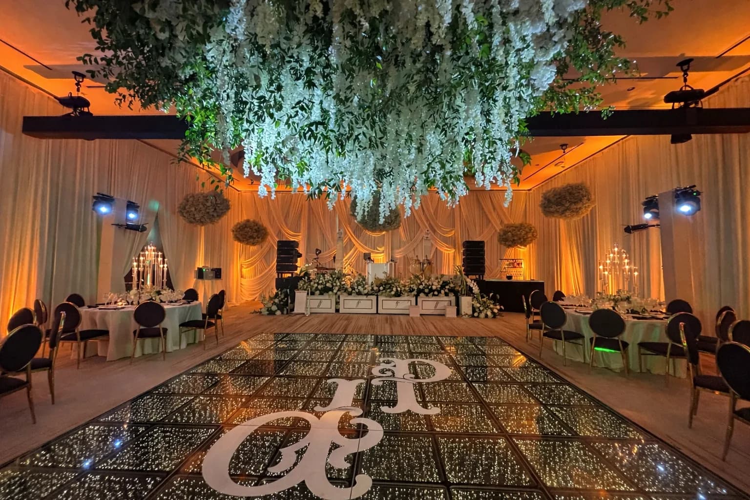 Multicolour LED dance floor lit up in a ballroom at an Orlando reception by iRock Your Party